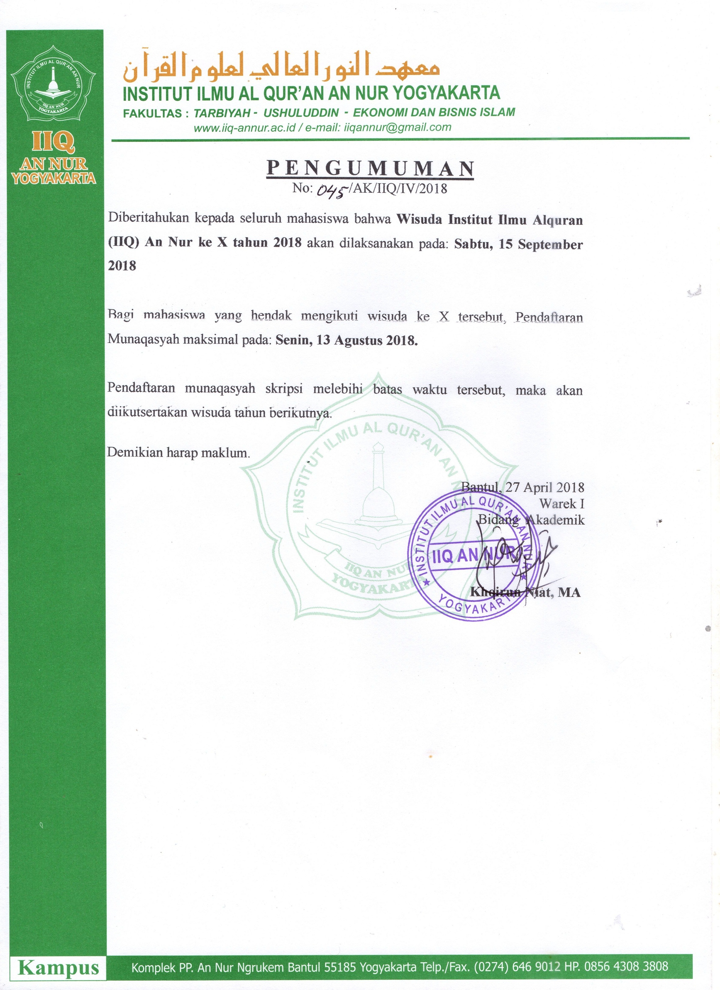 Pelaksanaan Wisuda IIQ An Nur Ke X 2018 Pelaksanaan Wisuda IIQ An Nur Ke X 2018